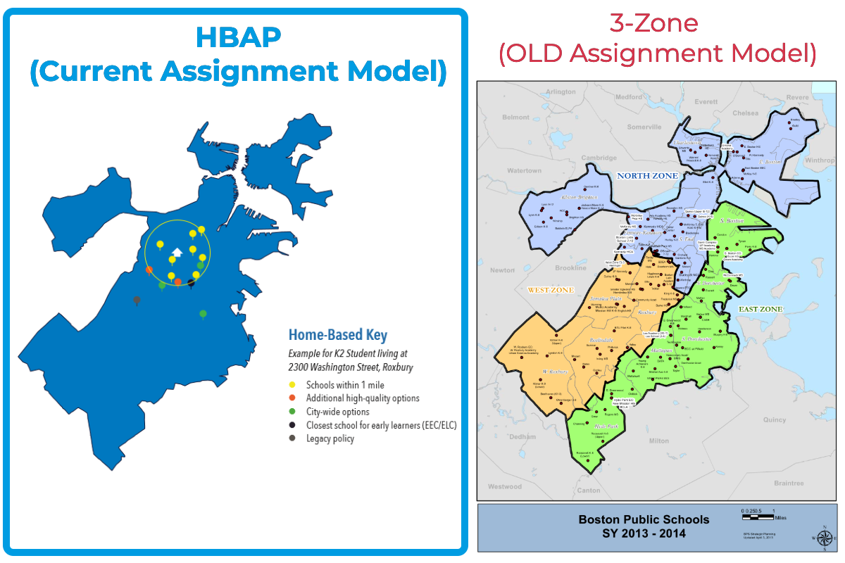 Bản Đồ So Sánh Chính Sách Phân Trường của Các Trường Công Lập Boston Theo 3 Khu Vực và HBAP